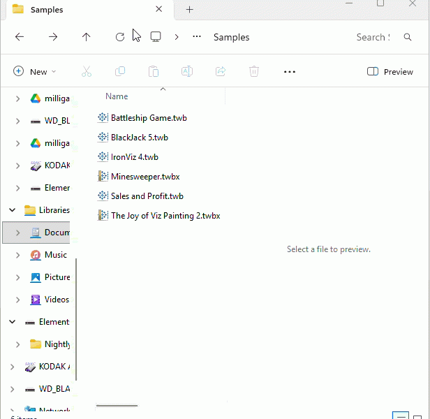 Windows Preview Pane updates as different Tableau workbook files are selected