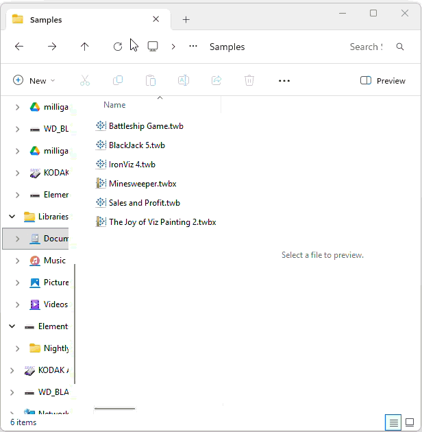 Windows Preview Pane updates as different Tableau workbook files are selected